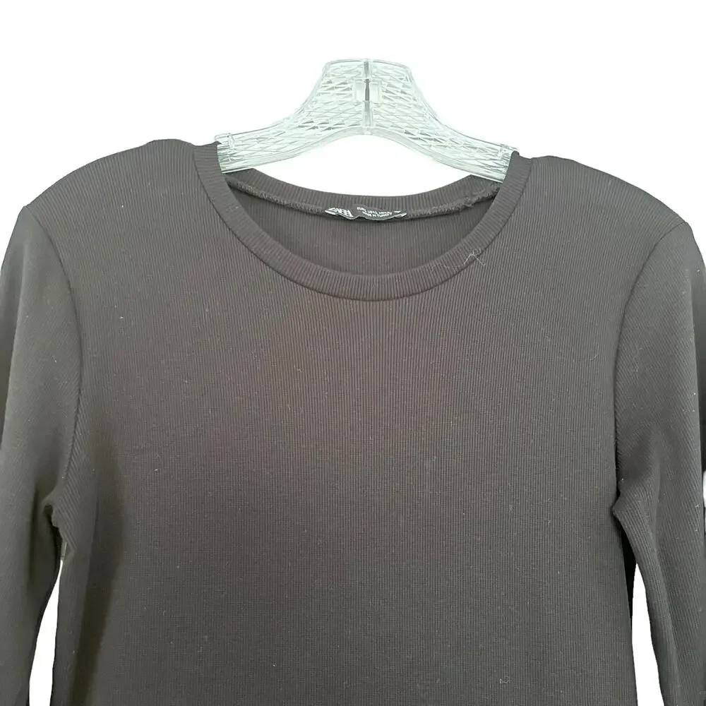 Zara Black Ruffle Tiered Long Sleeve Crewneck Midi Dress size L - Picture 3 of 6